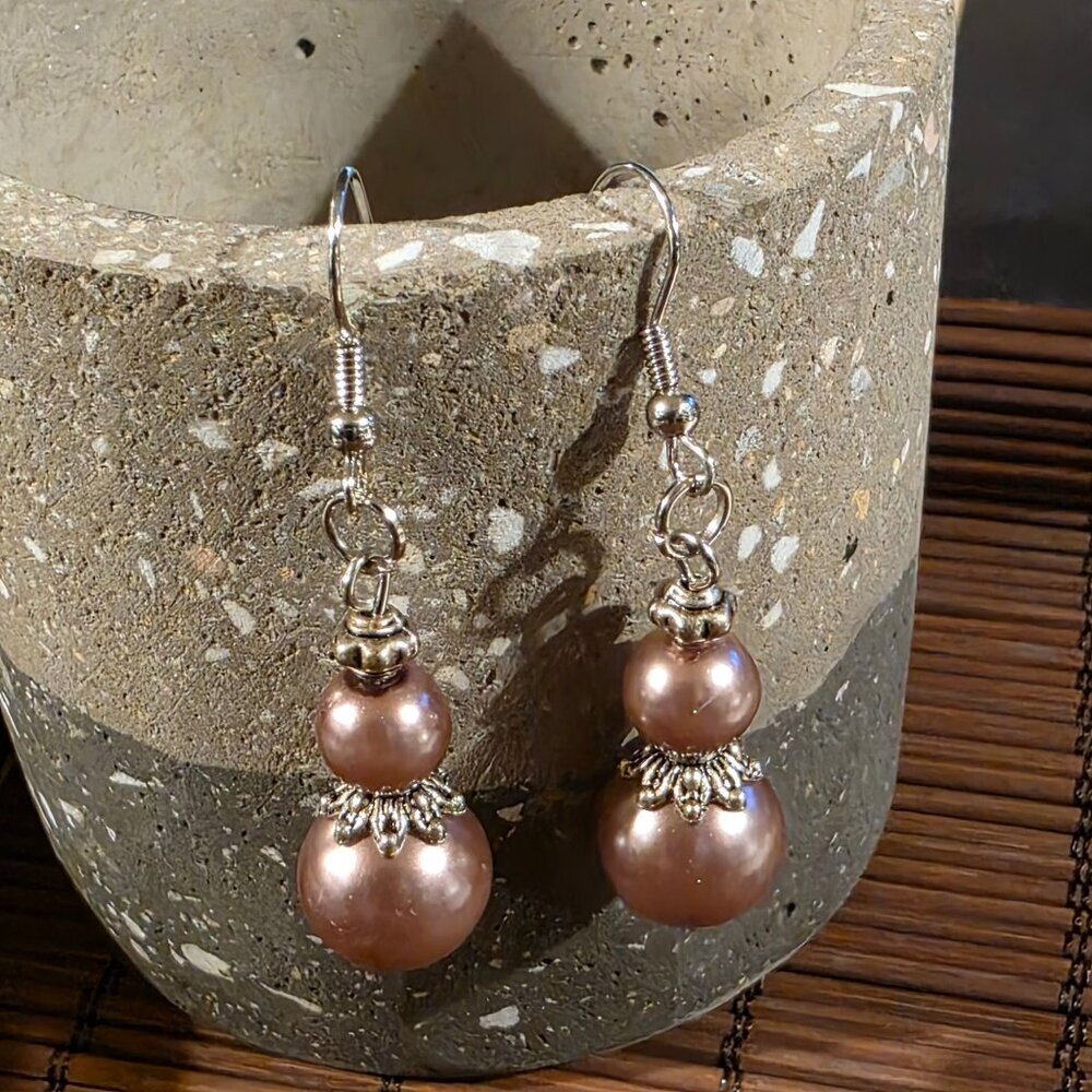 Handcrafted Warm Mauve Antiqued Silver Glass Pearl Drop Earrings